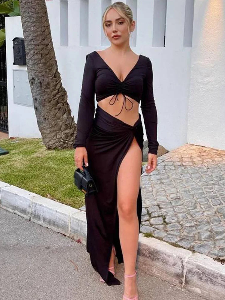 Summer Sexy Split Maxi Skirt Suits Women 2023 New V Neck Long Sleeve Backless Crop Top Ladies Fashion Dress Two Piece Sets Cloth