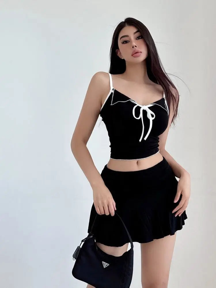 Spring Summer Women Sexy Spicy Low Waist Pleated A Line Skirt With Built In Safety Shorts Draped Slim Fit Fashion Streetwea