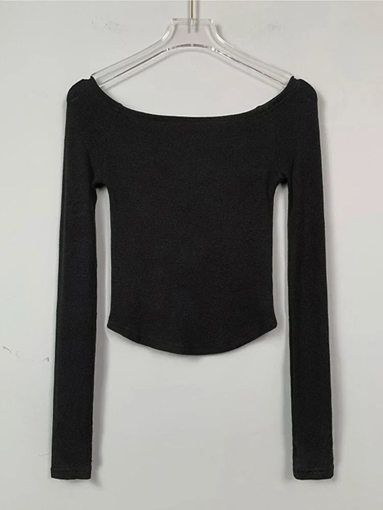 Women's Sexy Long Sleeve T-Shirt Cotton Crop Slim Fit Black White Slash Neck Tee Shirt Femme 2025