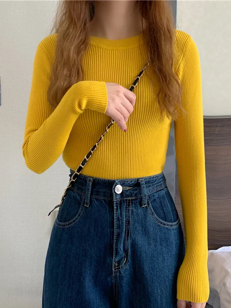 2026 New Women Sweater Autumn Winter Long Sleeve Pullover Basic Top Fashion O-neck Elastic Female Winter Solid Knitted Jumper