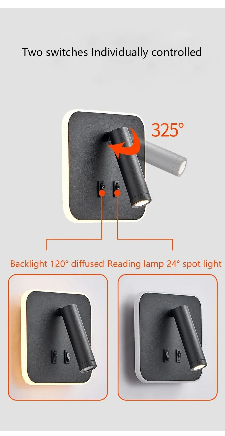 Modern Minimalist Led Wall Lamp USB Charging Indoor Bedroom Lamp Hotel Bedside Reading Lamp Wall Lights Sconce Switch AC 90~240V
