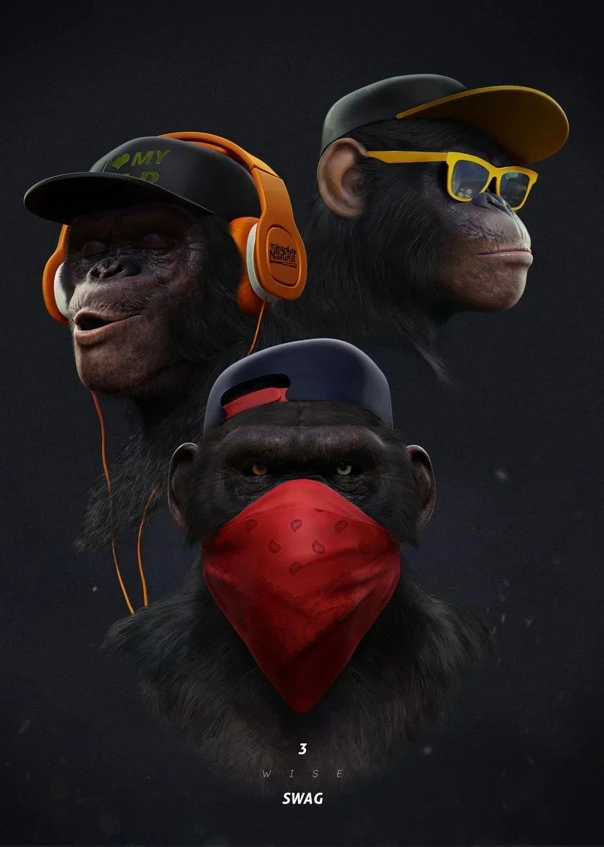 Three Swag Monkeys Canvas Art Posters and Prints Hip Hop Monkey Fashion Paintings on the Wall Art Animals Pictures Room Decor