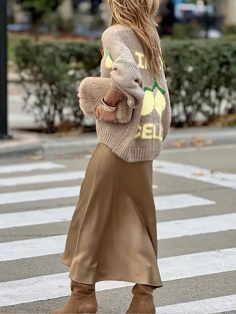 Women's fashionable casual long sleeved button sweater cardigan soft and comfortable loose lantern sleeve lemon knit sweater