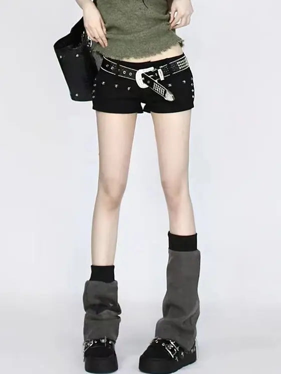 American Retro Sexy Hot Girls Y2k Denim Shorts for Women Low Waist Rivets Solid Streetwear Summer All-match Trendy Tight Fit Ins