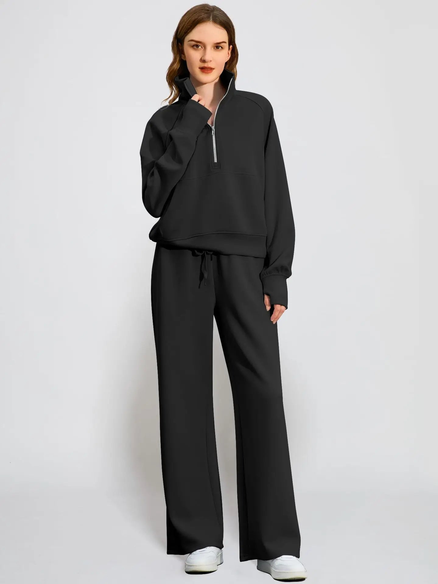 Woman Solid Color Half Zip Long Sleeve Sweatshirt and Wide Leg Pants Set Casual Sporty Two Piece Outfit