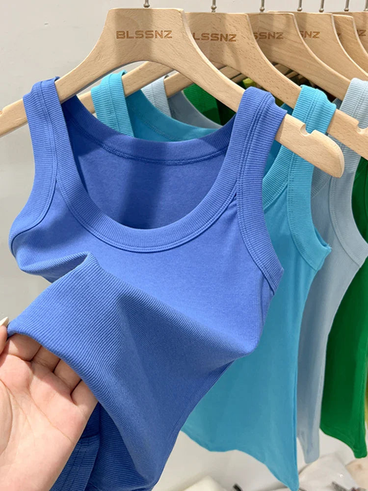 zjaiss Women Solid Round Neck Ribbed Tank Top Camisole Women 2026 Summer Basic Elastic Tank Top O Neck Solid Tank Top