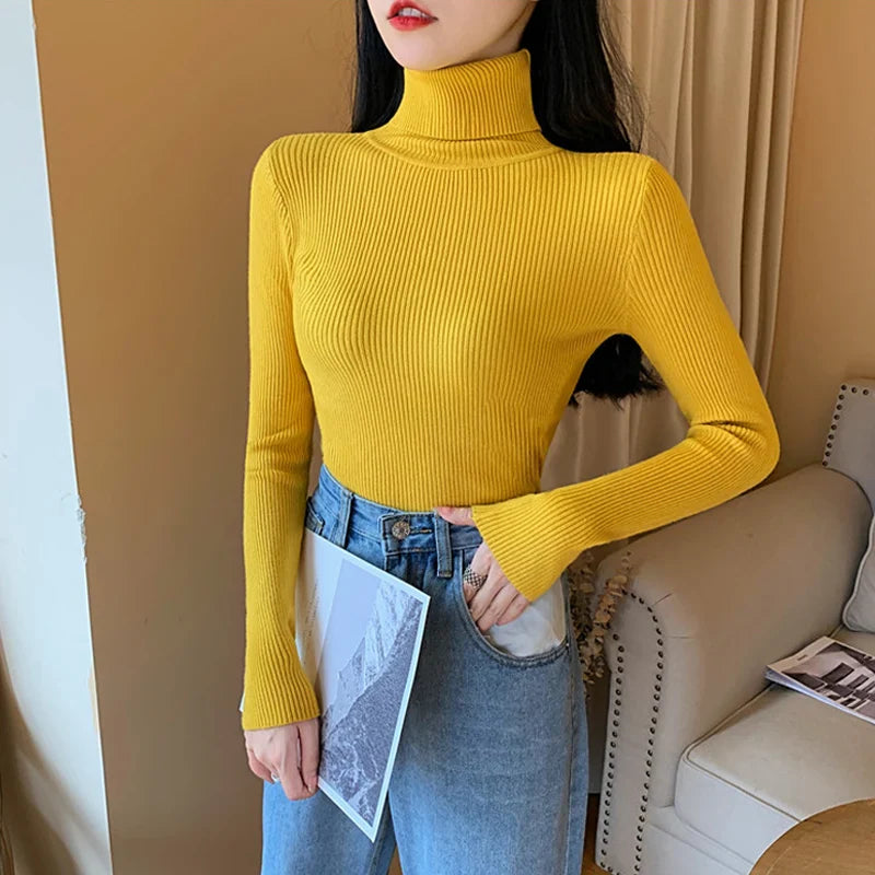 2026 Autumn Winter Women Long Sleeve Knitted Foldover Turtleneck Ribbed Pull Sweater Soft Warm Femme Jumper Pullover Clothes