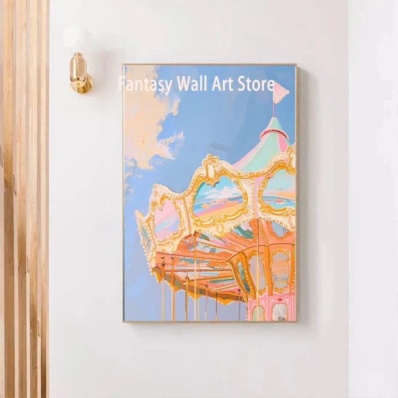 Fairy Tale World Illustration Poster Pink Castle Mermaid Illustration Wall Decor Nursery Room Kids Room Wall Decor Canvas Prints