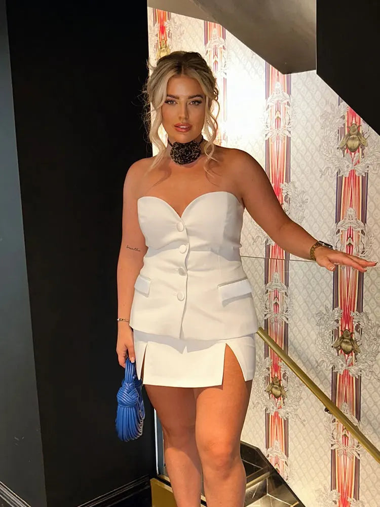 2024 Summer Fashion Woman Shorts Set Solid Chic Slim Tube Corset Top + Commuet Office Lady Wild Female Culottes Street