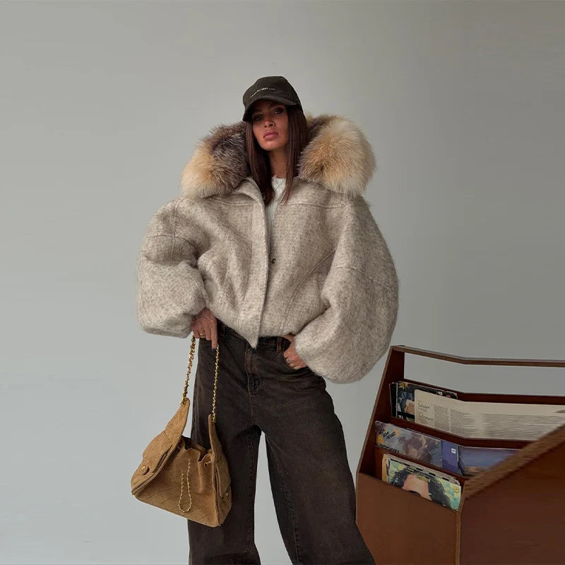 Vintage Thicken Faux Fur Woolen Jacket Women Fashion Hooded Pocket Lantern Sleeve Elastic Waist Coat Winter Female Daily Outwear