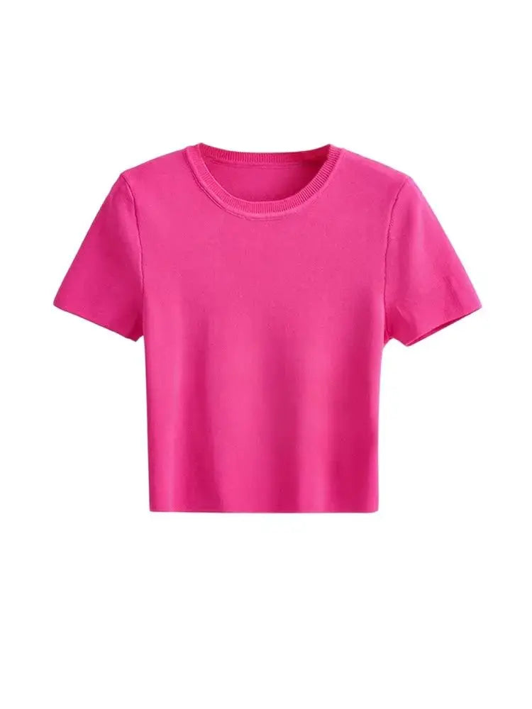 Women Fashion Striped Basic Cropped Knit Sweater Vintage O Neck Short Sleeve Female Pullovers Chic Tops