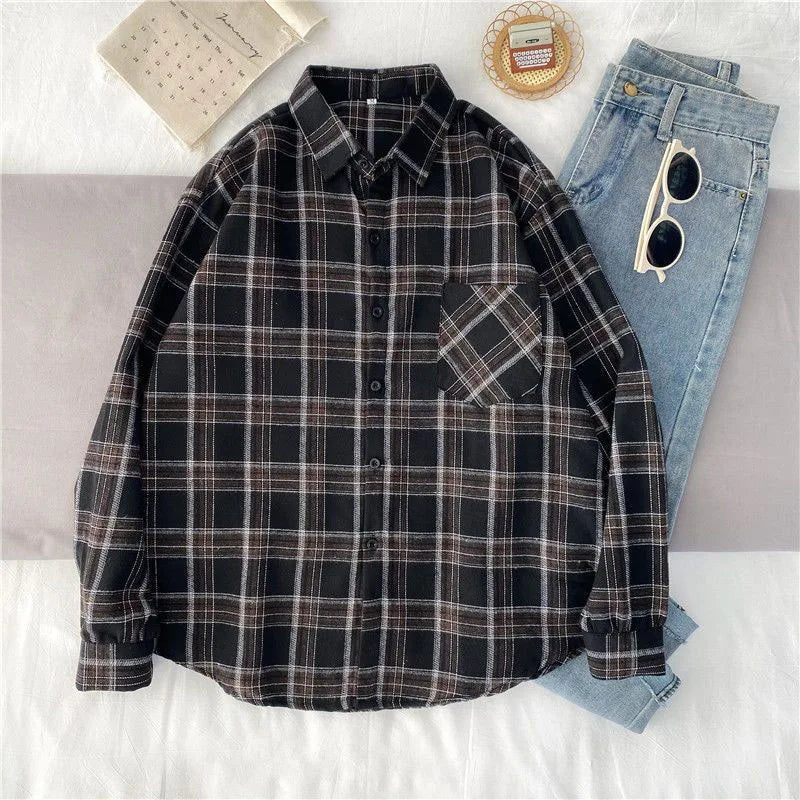 Xpqbb Vintage Women Plaid Shirts Autumn Long Sleeve Oversize Button Up Blouses Female Streetwear Loose Casual Shirts Femme Coat