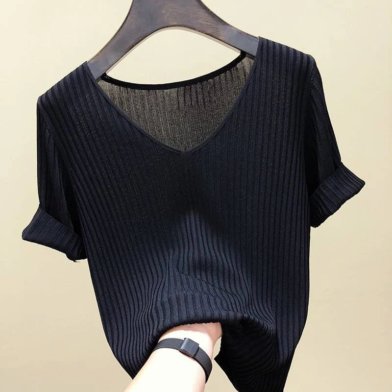 AOSSVIAO 2026 Basic V-neck Solid Thin Summer Women Pullover Female Thin Knitted Ribbed Sweater Slim Short Sleeve Bodycon Sweater