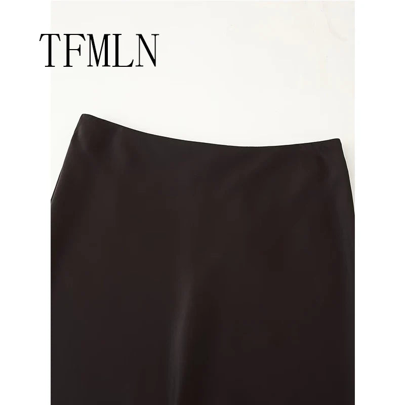 TFMLN Elegant Lace Splice Satin Half Skirt Women's Fashion Wrap Around Long Skirt High Quality Feel New 2025 Style