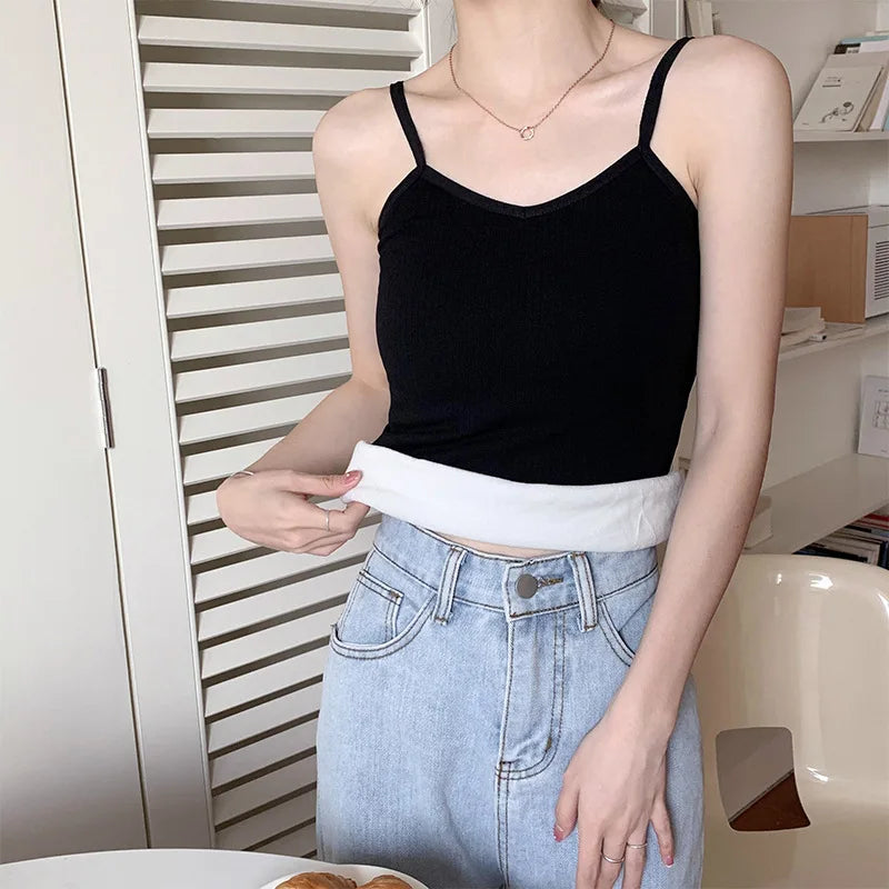 Women Sexy Solid Color Tops Thermal Casual Comfortable Elasticity Crop top Black Thin Velvet Sleeveless  Underwear Tank Top
