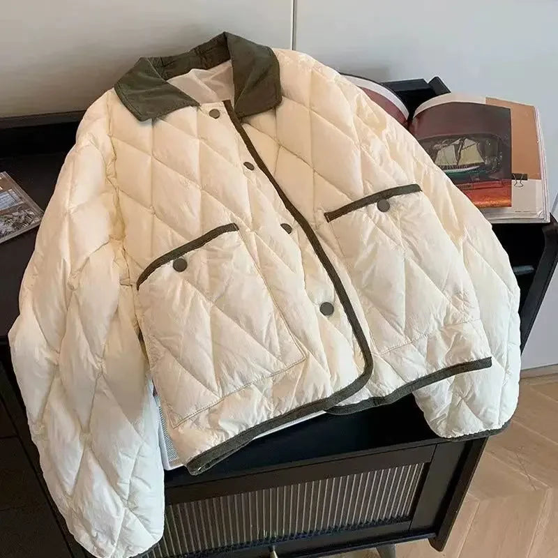Korean Style Color Blocking Lapel Pattern Cotton-padded Coat Women's Autumn/winter Versatile Petite Cropped Padded Jacket