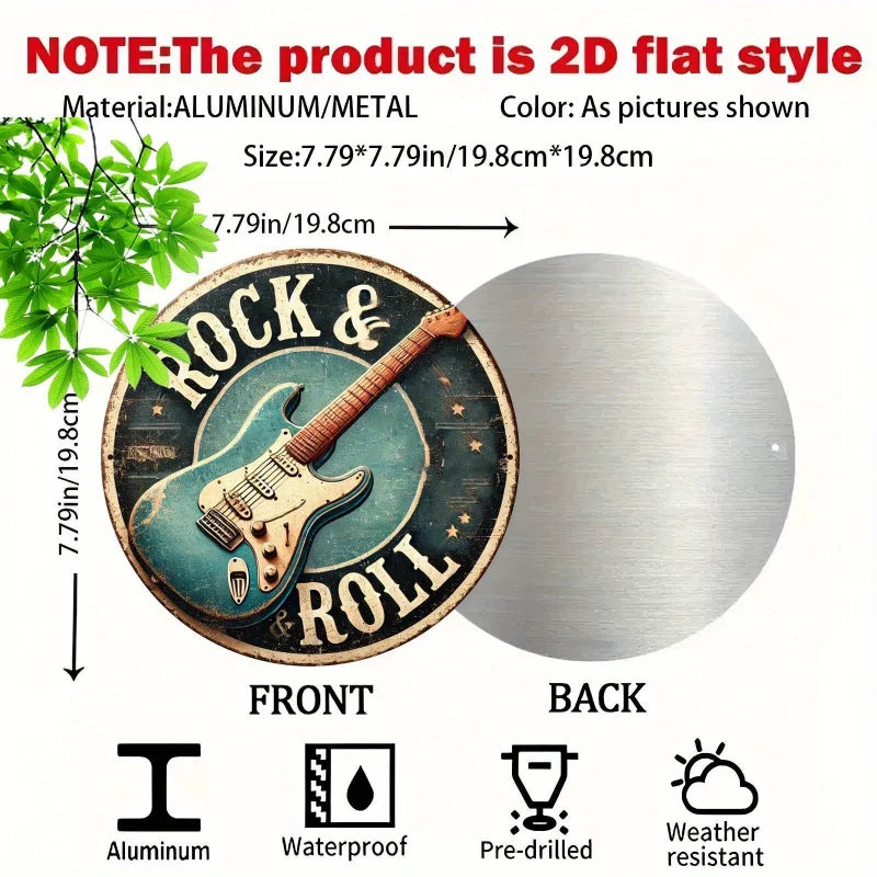 2D FLAT 1pc, Round Rock & Roll Guitar Themed Aluminum Metal Tin Sign, Foil Engraved Wall Art Decor for Home & Office