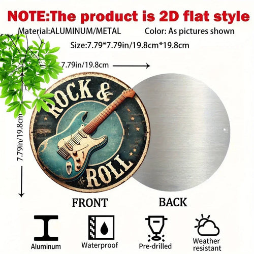 2D FLAT 1pc, Round Rock & Roll Guitar Themed Aluminum Metal Tin Sign, Foil Engraved Wall Art Decor for Home & Office