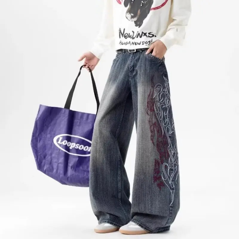 Women's Loose Straight Leg Jeans Elastic High-End Feel  European Fashion Embroidered Flower Trendy Versatile Wide Leg Jeans