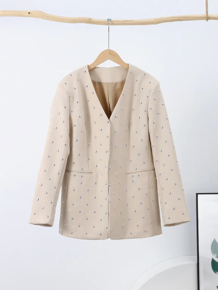 Rivet Fashion V-neck Balzer Coat Women Shoulder Pads Loose Fake Pocket Long Sleeve Jacket 2025 Spring Street Party Commute Tops