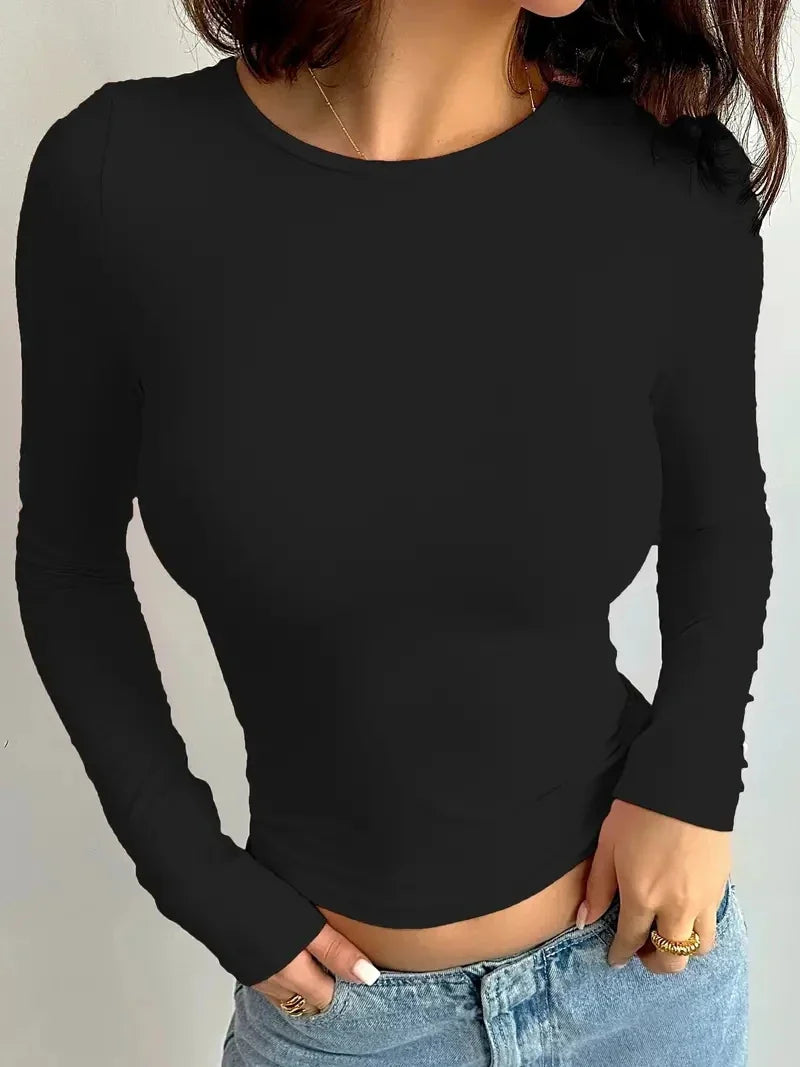 2026 Summer Solid Crew Neck T-Shirt Casual Long Sleeve Top For Spring & Fall,Women's Clothing