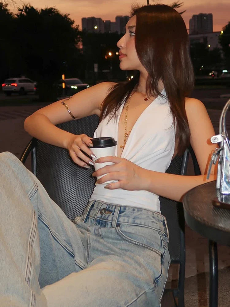 Nibber Swing Collar Vests Women Backless Halter Folds Skinny Street Versatile Daily Fashion Sexy Summer Temperament Mini Tops
