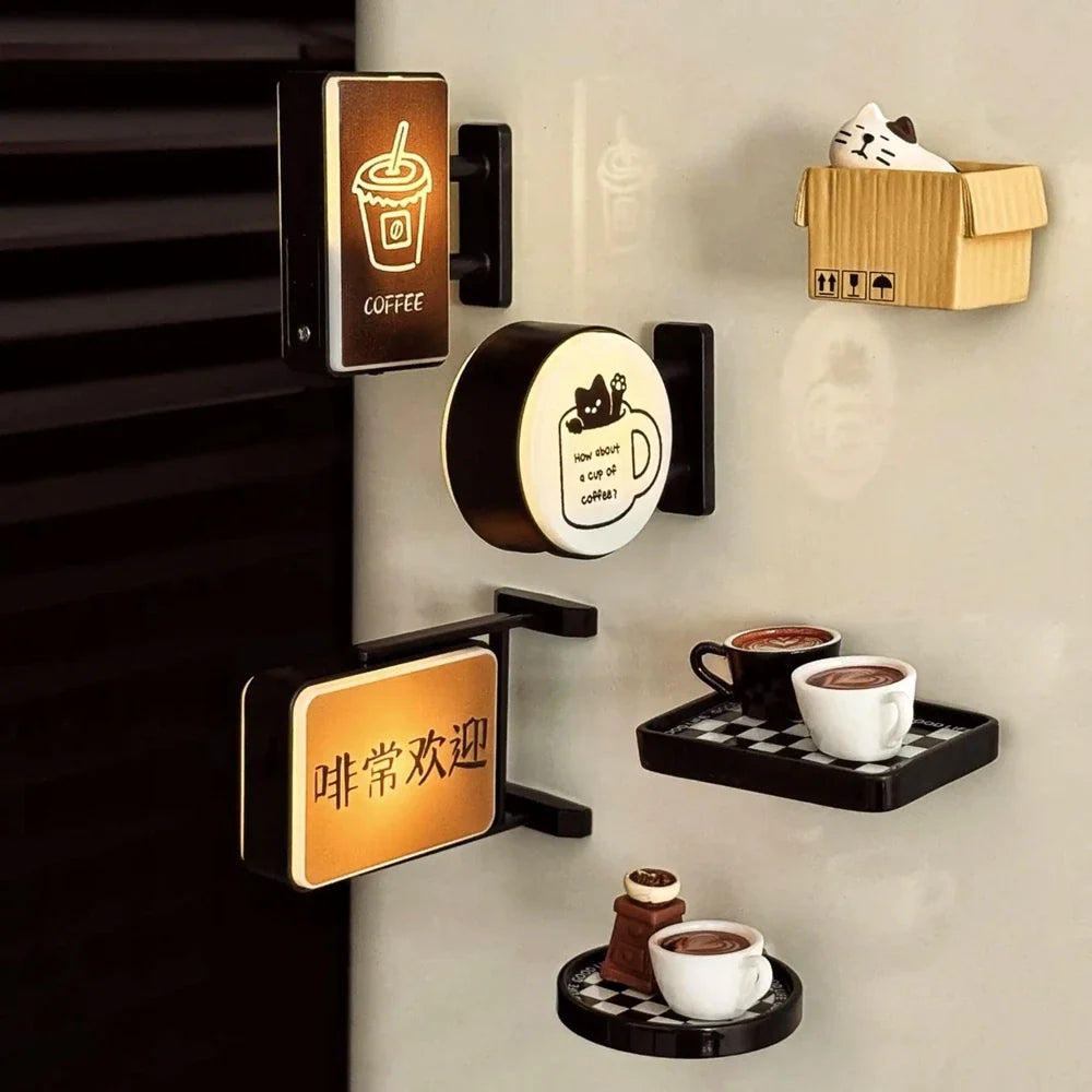 Retro Coffee Corner Refrigerator Magnet Light Fridge Magnet Magnetic Home Miniature Pegboard Coffee Shop Glowing Decoration