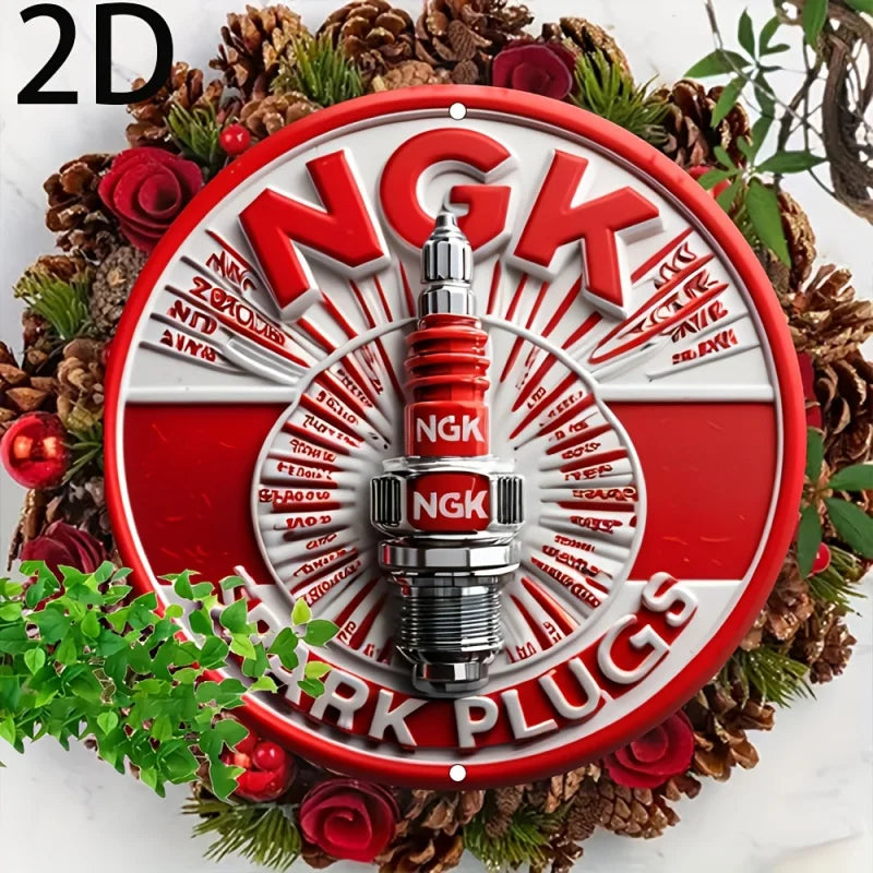 2D Flat, NGK Spark Plugs Aluminum Wall Sign, Retro 2D Round Metal Tin Plaque, Pre-Drilled, Waterproof, Weather-Resistant