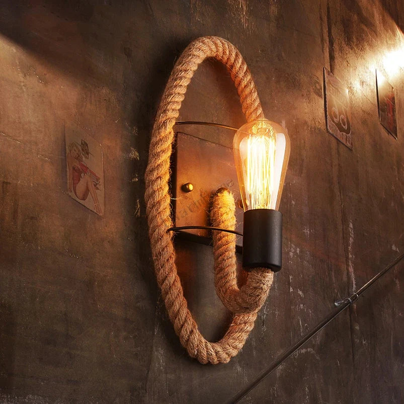 Retro Loft Rope Wall Lamp Stair Aisle Corridor Bedroom Living Room Restaurant Pub Cafe Wall Light Bra Round Wall Sconce