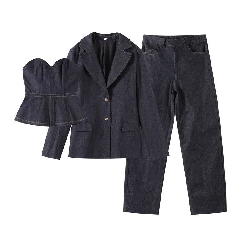 Elegant Denim Blazer Vest Pants Set Women Single-breasted V-Neck Suit Coat Strapless Tanks Straight Leg Jeans 2025 New Lady Suit