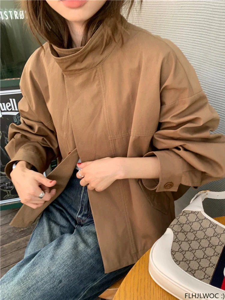 Korea Short Outerwear Woman Casual Loose Lazy Chic Long Sleeve Cotton Blends Windbreaker Coats Thin Thench