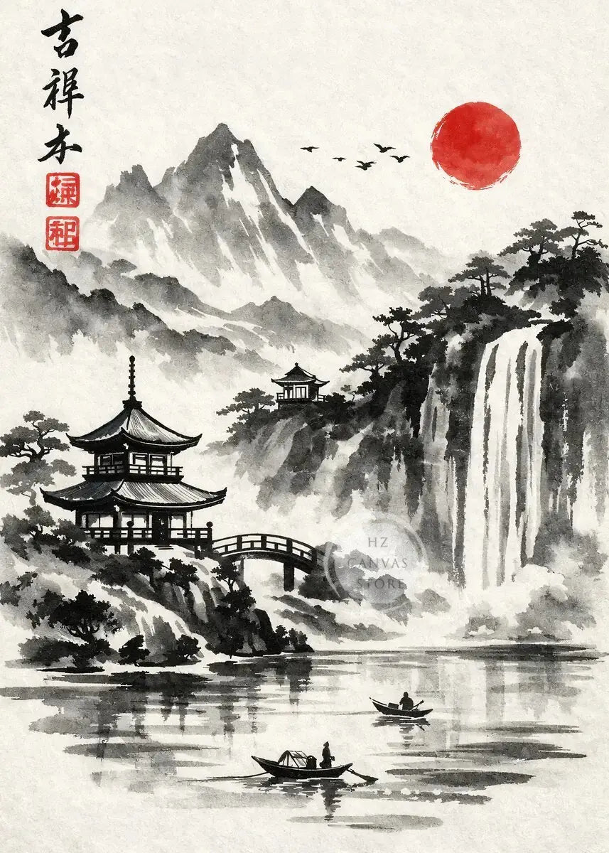 Japanese Ink Painting Landscape Spring Cherry Blossoms Canvas Print Asian Style Wall Art Poster for Living Room Home Decor Gift