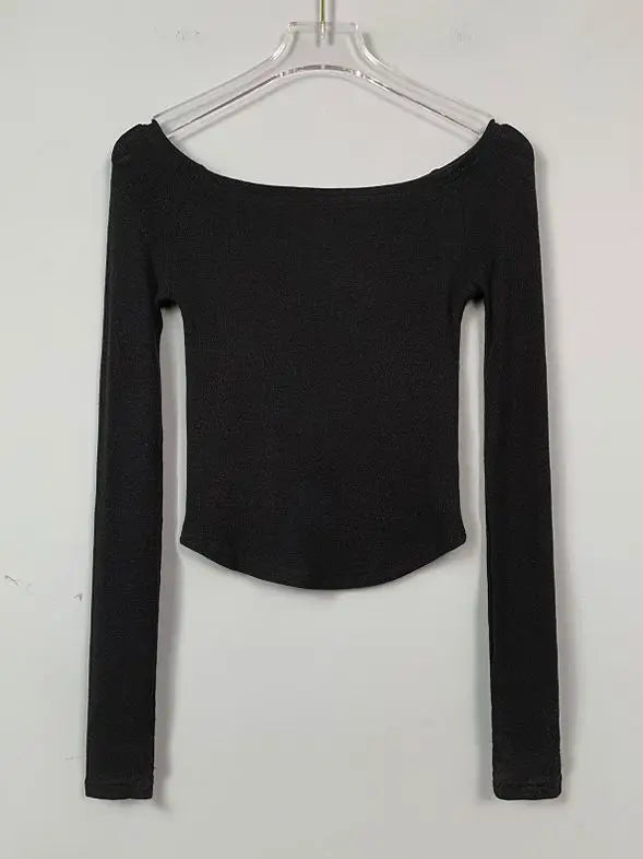 Sexy Slash Neck T Shirt Women Cotton Long Sleeves Cropped Tee Shirt Femme Slim T-shirt Female Black White Tops 2026