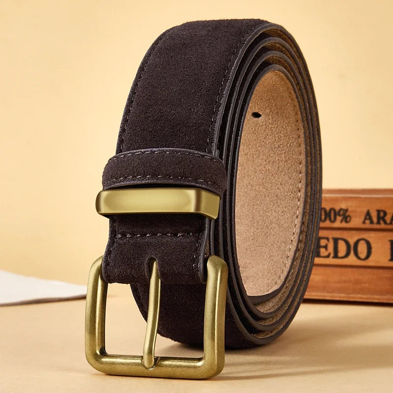 Luxury Suede Cowhide Leather Belt for Women, Vintage Style with Gold Buckle, 3.5cm Wide Waistband for Dresses & Jeans 2042