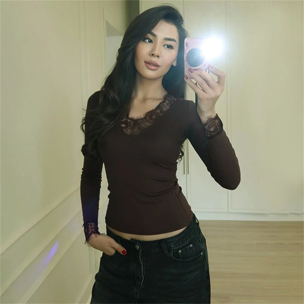 Women Solid Lace Splicing T-Shirt Soft Slim American Style Spring Autumn Long Sleeve Top Commuting Fashionable Casual Clothing