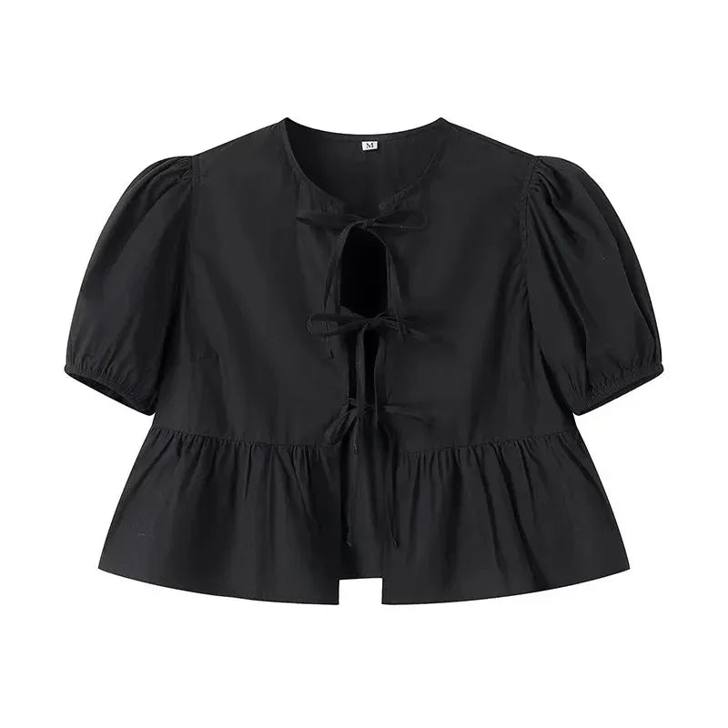 MUJER White Ruffle Crop Top Women Black Short Puff Sleeve Blouse Female Bow Tied Summer Blouses Woman 2025 Ruched Cute Tops