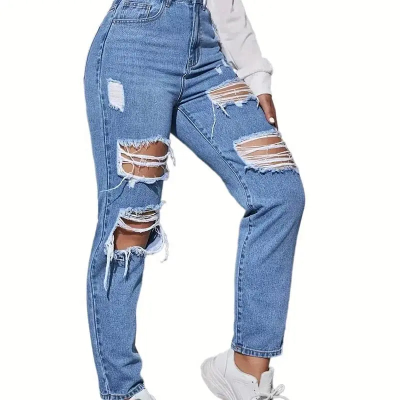 Sexy High Waist Women's Denim Jeans PD08286 New Arrival Blue Hole Punch Design Long Pants Spring 2024 Faion Ladies' Wear