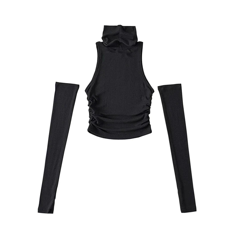 Woman Clothes Fall 2025 Tank Top Sleeve Cover Sleevless Side Pleats Turtleneck T-shirt  Sexy Ribbed Knitted Tops Y2k 2529