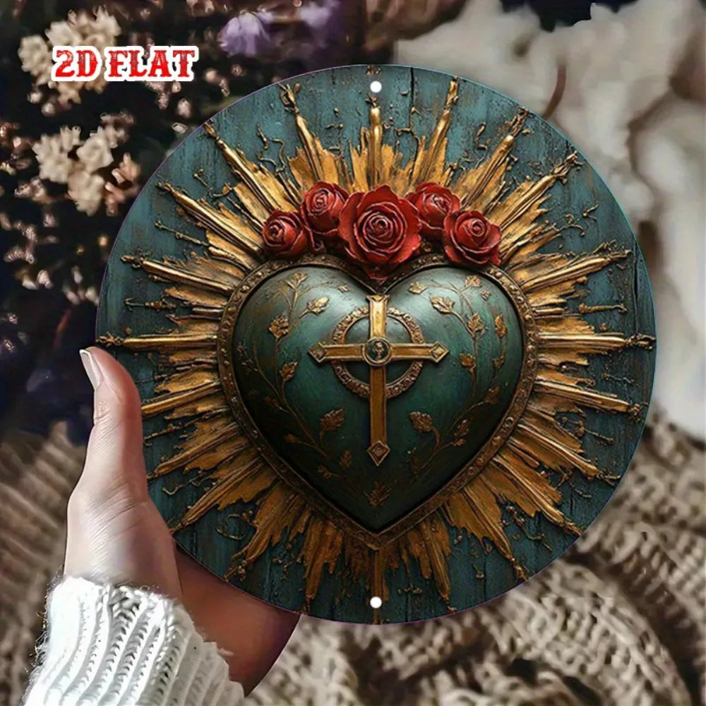 Religious Sacred Heart Round Aluminum Sign - 7.87