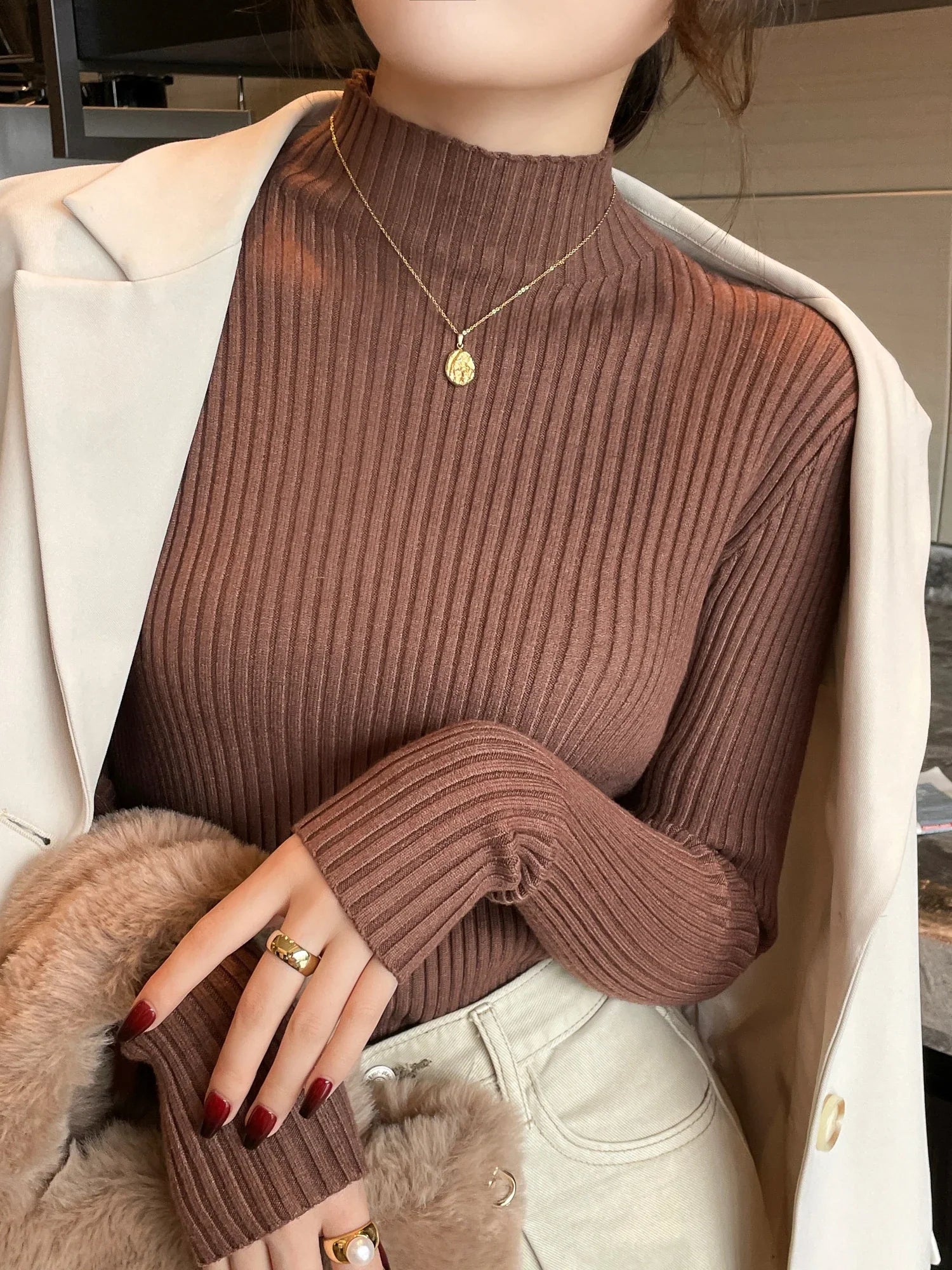 Chic Autumn Winter 2026 Pullovers Women Long Sleeve Casual Turtleneck Warm Basic Sweater Knit Jumpers Solid Color Slim Tops