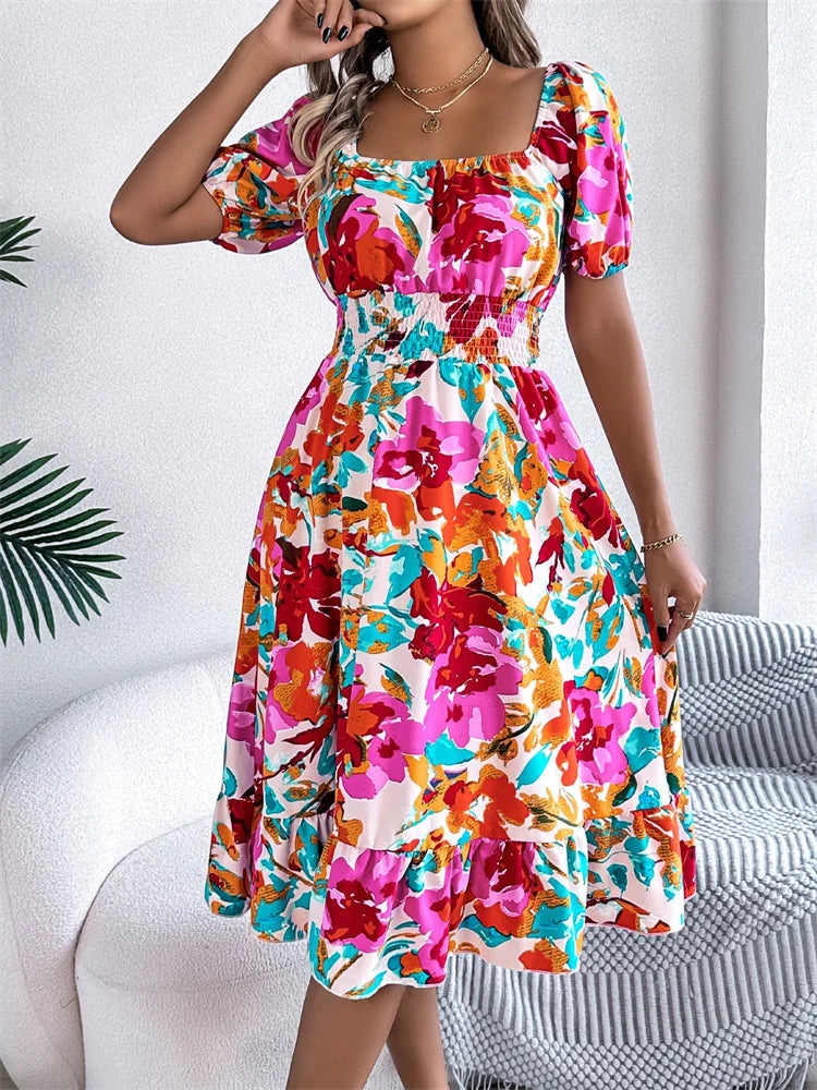 Msfilia Leisure Square Collar Spring Summer Dress Women Short Sleeve Loose Waist Design Lotus Leaf A-shaped Print Dress