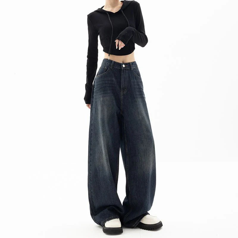 Women's Retro Street Style High-Waisted Wide Leg Pants Floor-Length Niche Design Loose Fit Slimming Jeans