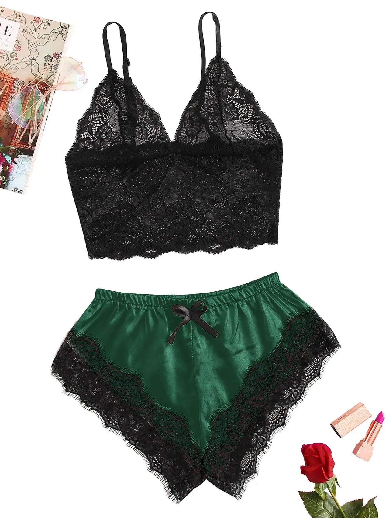 2PCS Women's Satin Pajama Set Lace Cami Top and Shorts Sexy Lingerie Sleepwear Summer Breathable Nightwear Black And Pink