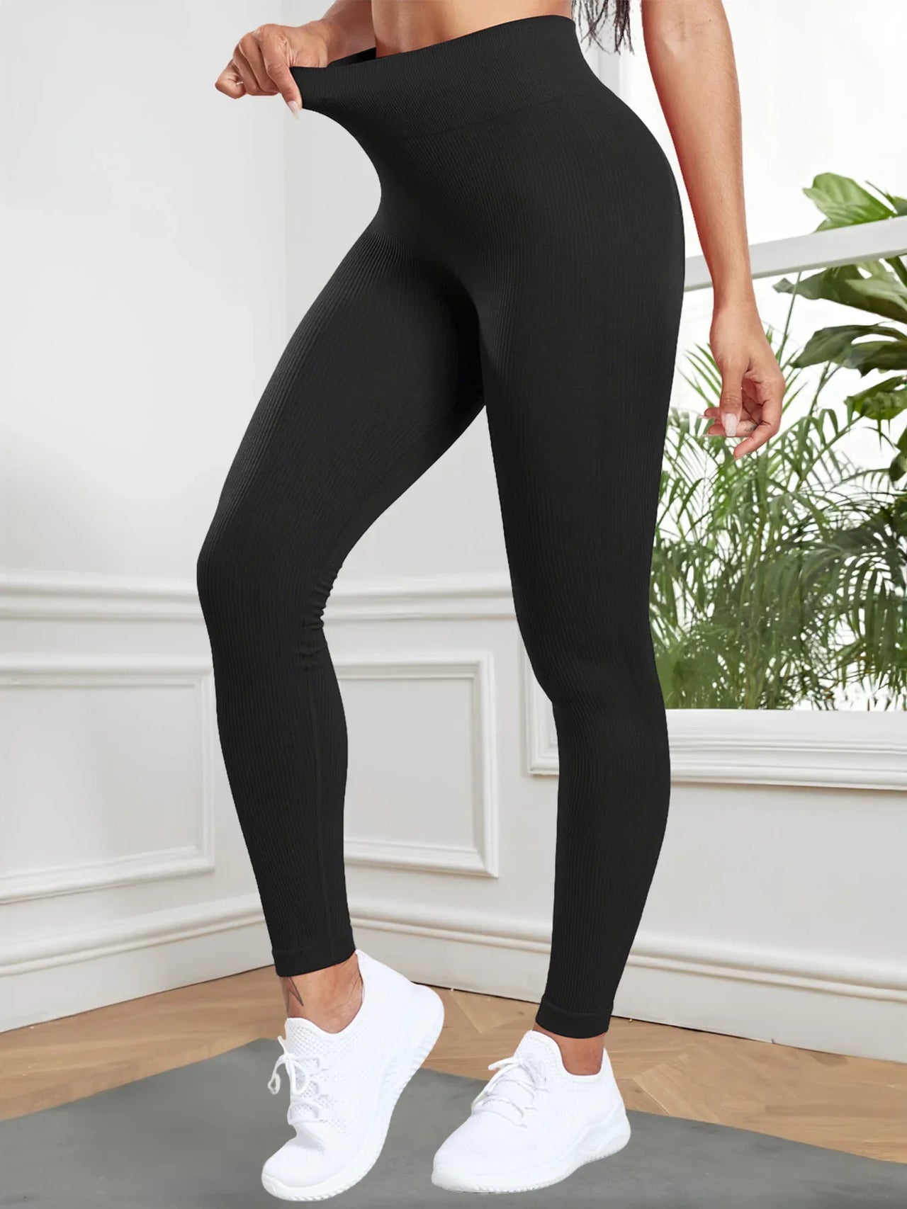 Women Seamless Ribbed Leggings High Waist Butt Lifting Workout Tights Solid Color Simple Fitness Pants Casual Clothing