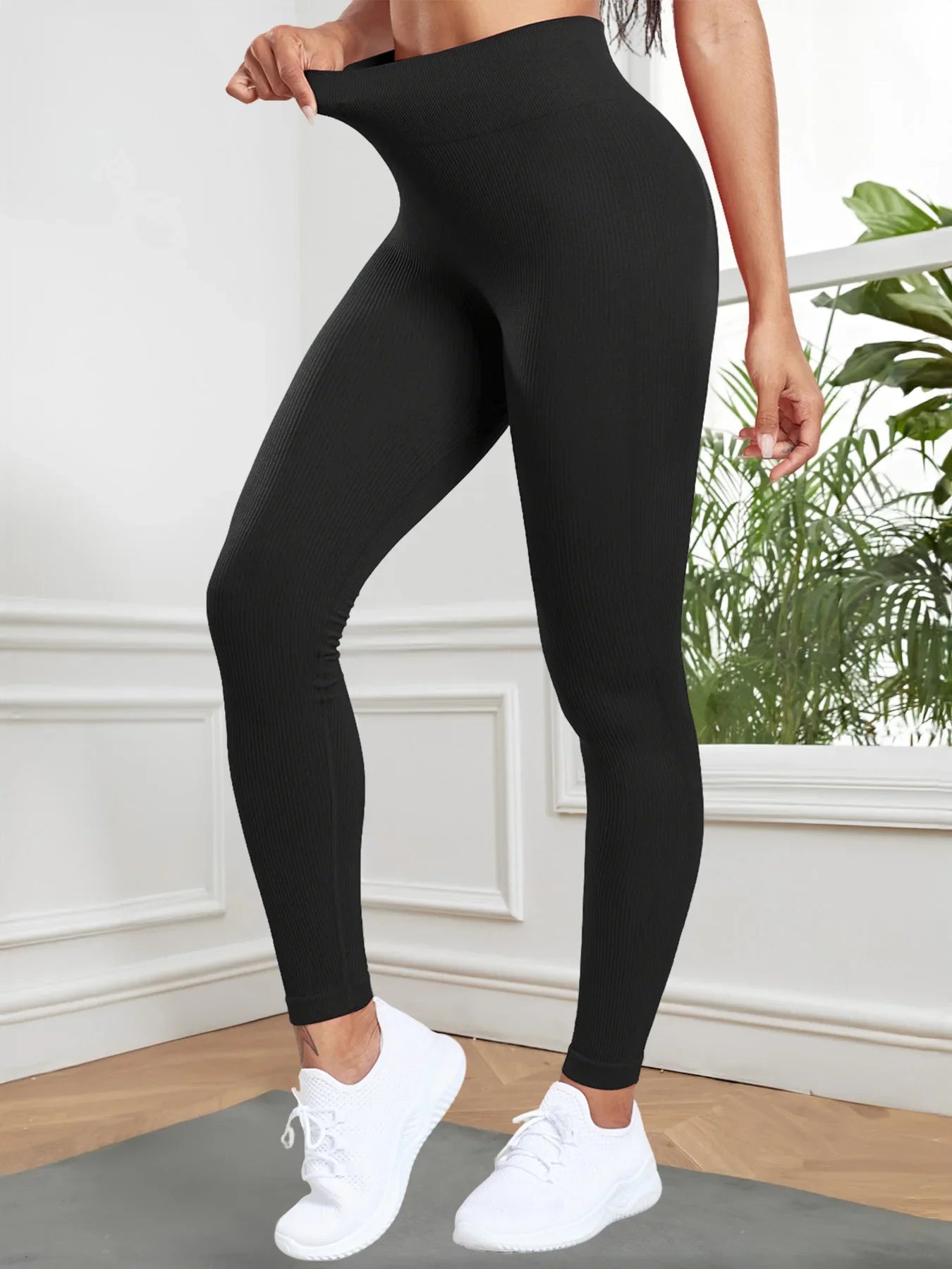 Women Seamless Ribbed Leggings High Waist Butt Lifting Workout Tights Solid Color Simple Fitness Pants Casual Clothing