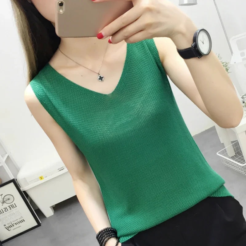 Fashion Woman Blouses 2024 V-neck Knitted Blouse Shirt Women Clothes Sleeveless Summer Blouse Women Womens Tops And Blouses C860