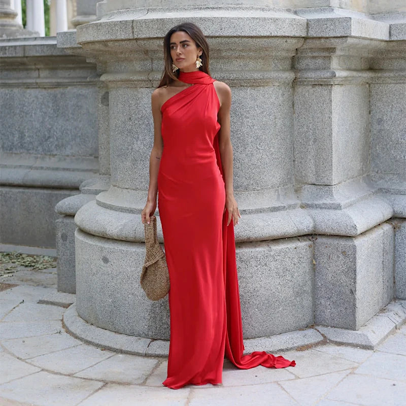 Elegant Women's Ribbon Long Satin Party Dress Halter Backless Sleeveless Female Dresses 2026 Summer Lady Solid Evening Gowns