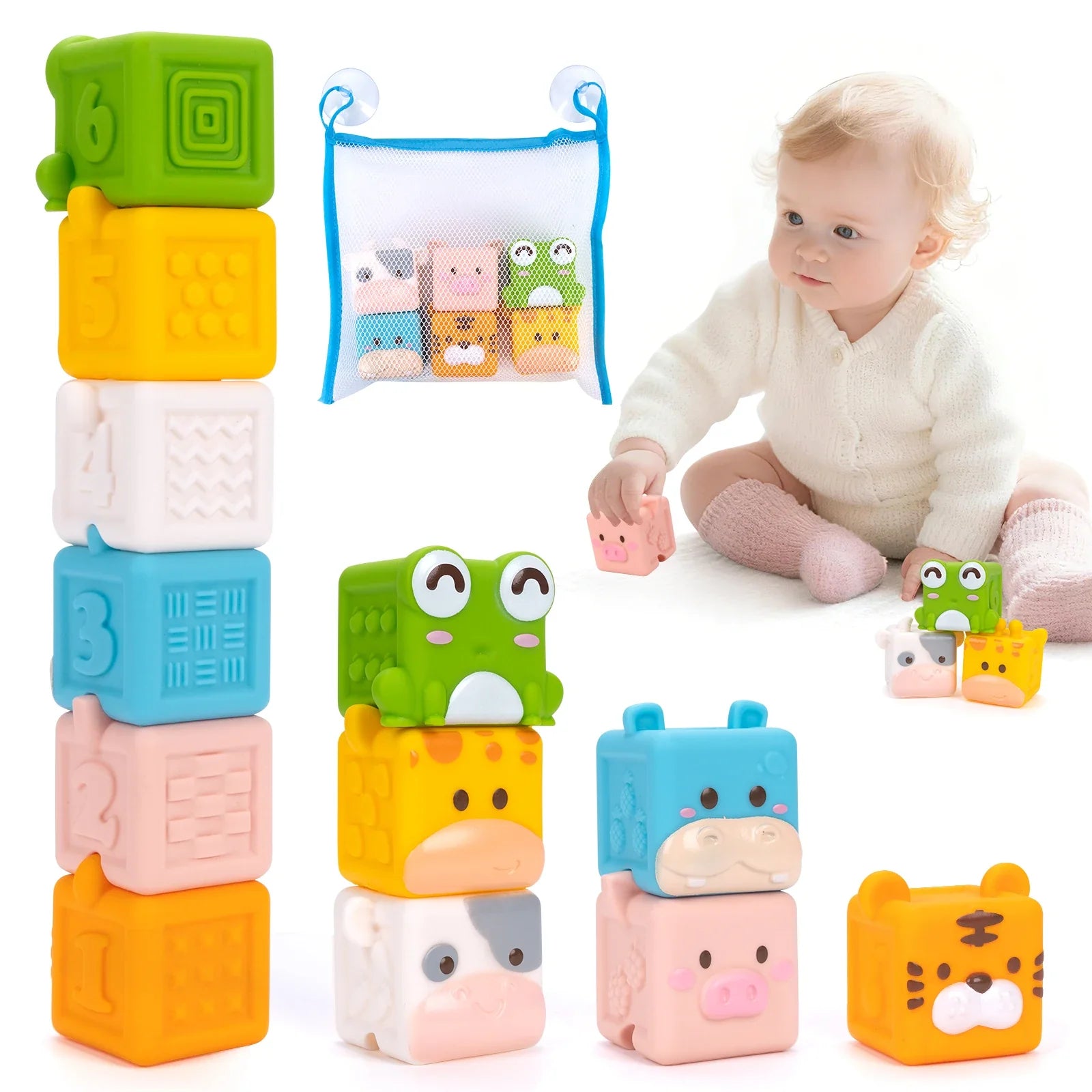 Baby Soft Silicone Building Blocks Toys 3D Cube Animal Stacking Toys Toddler Early Educational Sensory Montessori Toys Bath Toys