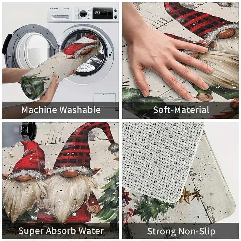 VIKAMA 2-Piece Christmas Rug Set White-Bearded Father Christmas Design Kitchen Mat Entrance Doormat Non-Slip Festive Home Decor