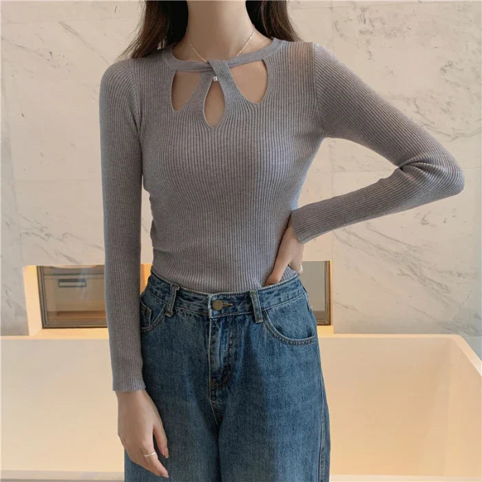 2024 New Autumn and Winter Women's Slim Stretch Sexy Pullover Hollow Solid Color Sweater Slim Bottoming Shirt Sweater Ladies